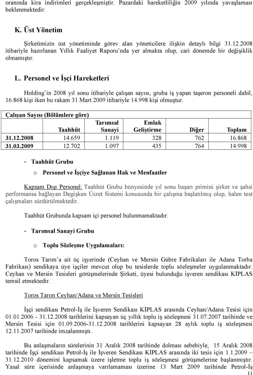 2008 itibariyle hazırlanan Yıllık Faaliyet Raporu nda yer almakta olup, cari dönemde bir değişiklik olmamıştır. L.