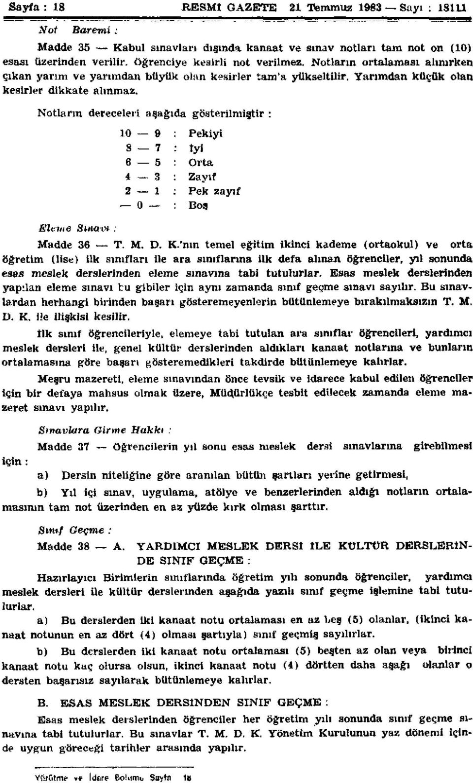 Notların dereceleri aşağıda gösterilmiştir : 10 9 8 7 6 5 4 3 2 1 _ o Pekiyi iyi Orta Zayıf Pek zayıf Boş Eleme Sınavı : Madde 36 T. M. D. K.