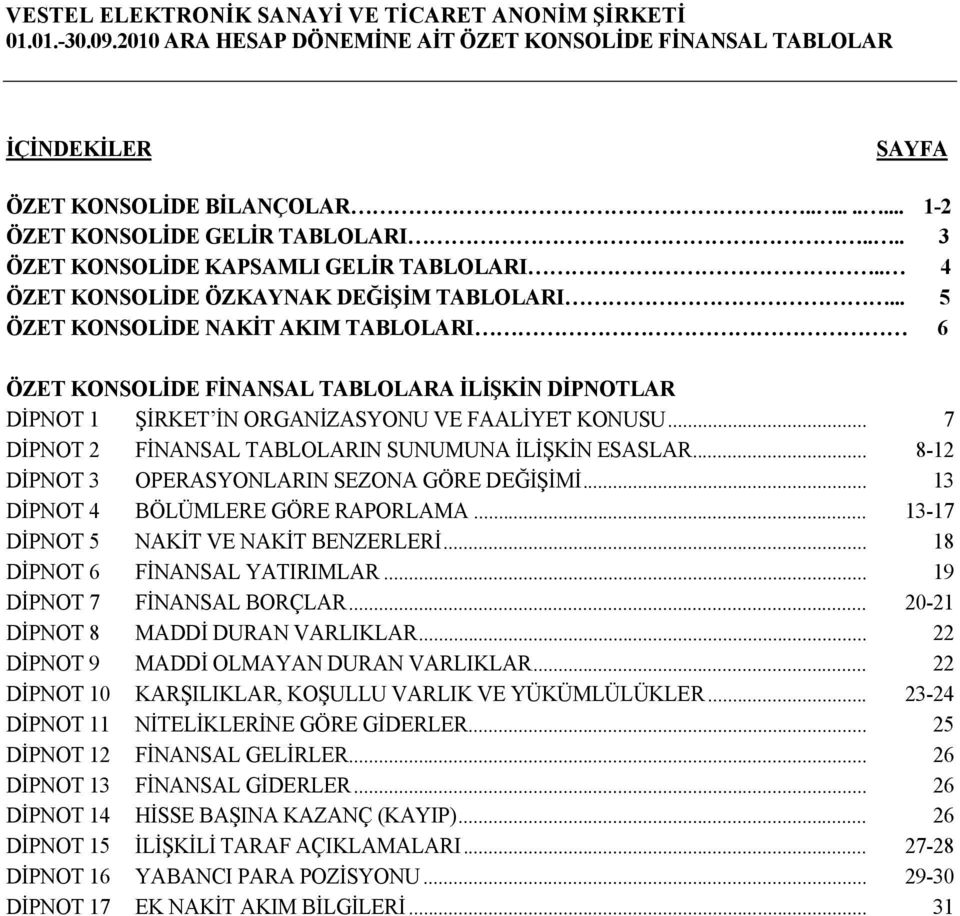 .. 8-12 DİPNOT 3 OPERASYONLARIN SEZONA GÖRE DEĞİŞİMİ... 13 DİPNOT 4 BÖLÜMLERE GÖRE RAPORLAMA... 13-17 DİPNOT 5 NAKİT VE NAKİT BENZERLERİ... 18 DİPNOT 6 FİNANSAL YATIRIMLAR.