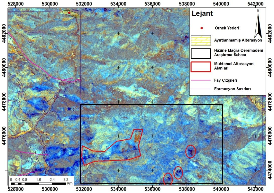Şekil 6`da gösterilen ve alterasyonların olduğu örnekleme nokta ve alanları ile Crosta tekniği ile üretilen alterasyon bölge haritasının uyuşum içerisinde olması şekil 5`de siyah dikdörtgenle