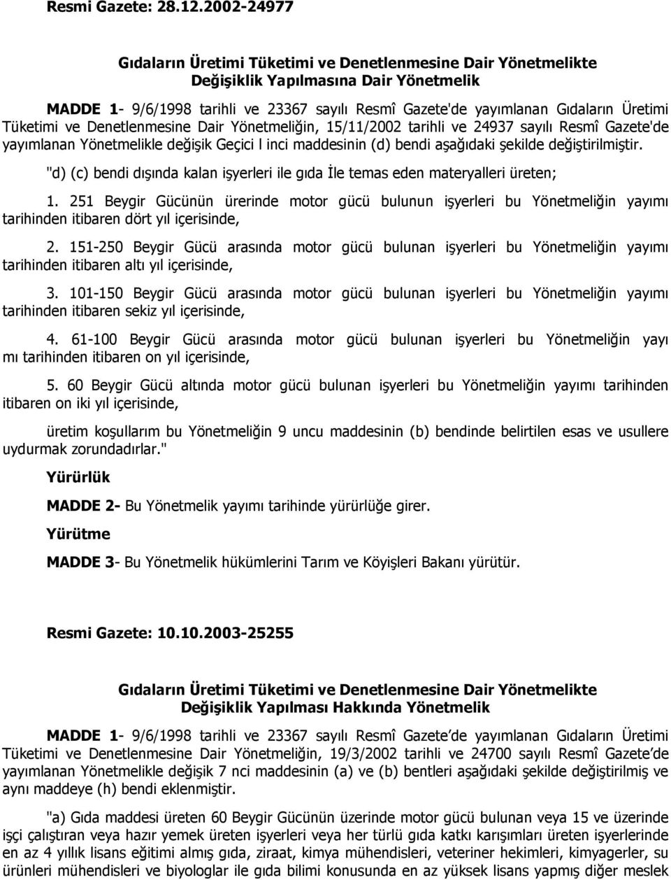 Tüketimi ve Denetlenmesine Dair Yönetmeliğin, 15/11/2002 tarihli ve 24937 sayılı Resmî Gazete'de yayımlanan Yönetmelikle değişik Geçici l inci maddesinin (d) bendi aşağıdaki şekilde değiştirilmiştir.