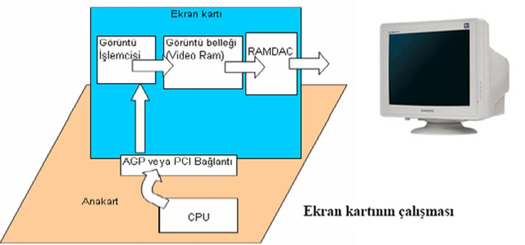 Ekran Kartının Çalışma Sistemi: 1. CPU tarafından işlenen veriler anakart yoluyla ekran kartının görüntü işlemcisine aktarılır. 2. Görüntü işlemcisi verileri işler ve sonra Video RAM gönderir. 3.