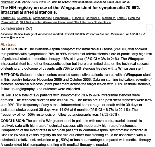Wingspan NIH Registry 2008 (16 MERKEZ) 129 hasta, semptomatik >= 70%