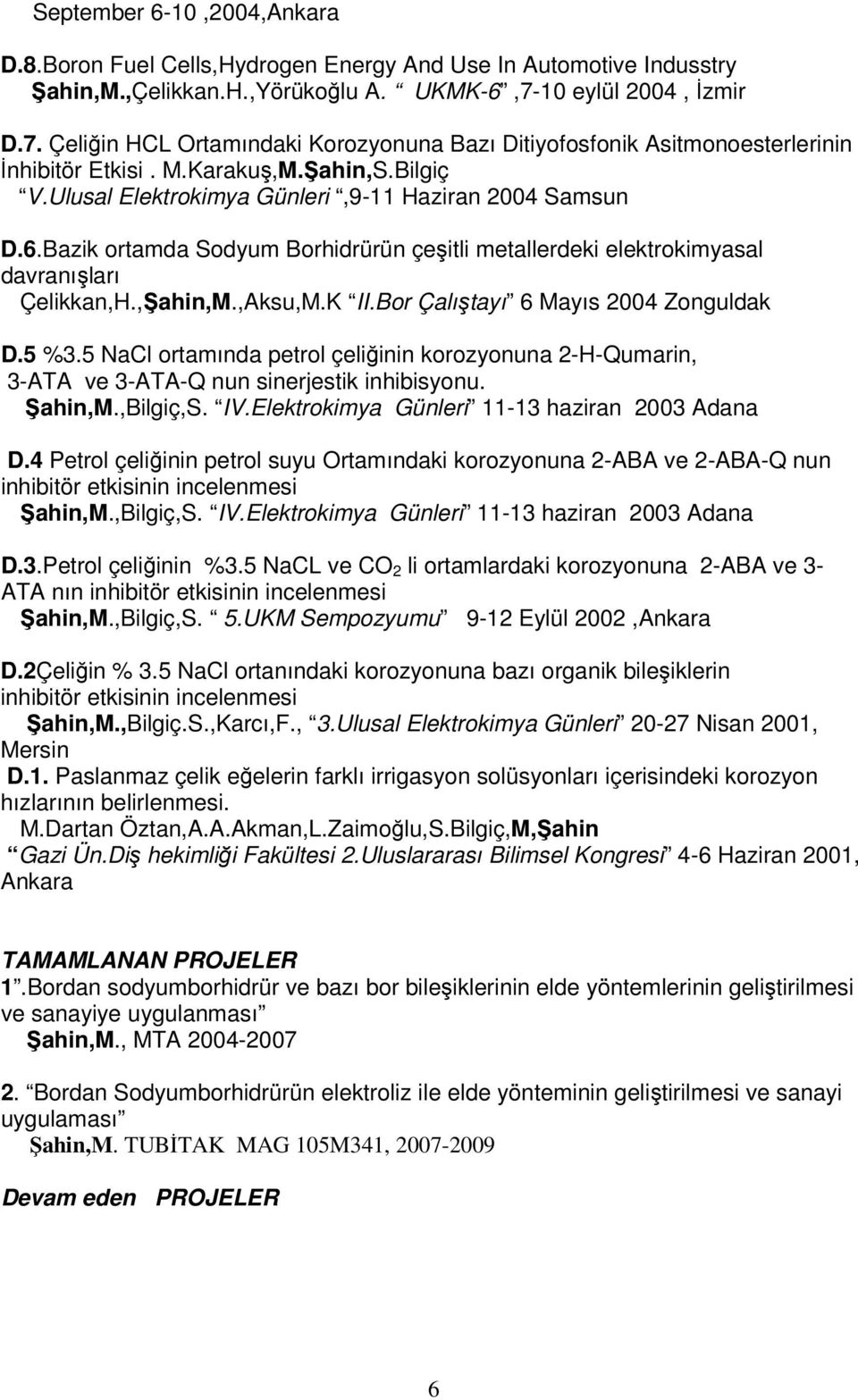 Ulusal Elektrokimya Günleri,9-11 Haziran 2004 Samsun D.6.Bazik ortamda Sodyum Borhidrürün çeşitli metallerdeki elektrokimyasal davranışları Çelikkan,H.,Şahin,M.,Aksu,M.K II.