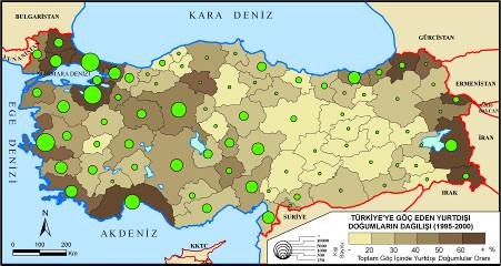 Mustafa Yakar, Kadir Temurçin Yurtdışından Türkiye ye Kim, Nereye Göç Ediyor? Who Immigrated to Turkey, Where They Migrate? Şekil 5. Türkiye ye göç eden yurtdışı doğumluların dağılımı (1995-2000). 2.