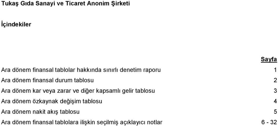 kapsamlı gelir tablosu 3 Ara dönem özkaynak değişim tablosu 4 Ara dönem nakit