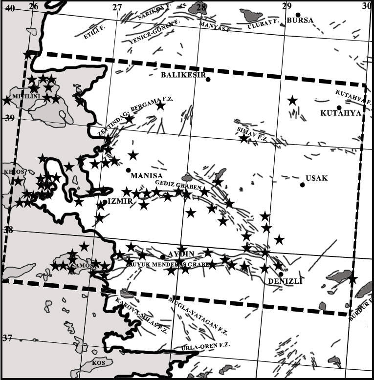 344 Bölge Sınırları Seçiminin Deprem Tehlikesinin Belirlenmesine Etkileri Şekil 4: Batı Anadoludaki tarihsel büyük depremlerin konumları ve yeniden tanımlanan bölge (kesikli çizgiler) [F.: Fay, F.Z.
