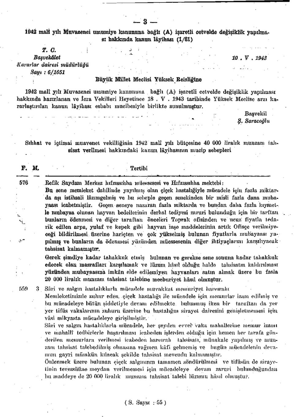 îera Vekilleri Heyetince 18, V. 1943 tarihinde Yüksek Meclise arzı kararlaştırılan kanun lâyihası esbabı mııcibesiyle birlikte sunulmuştur. Başvekil Ş_.