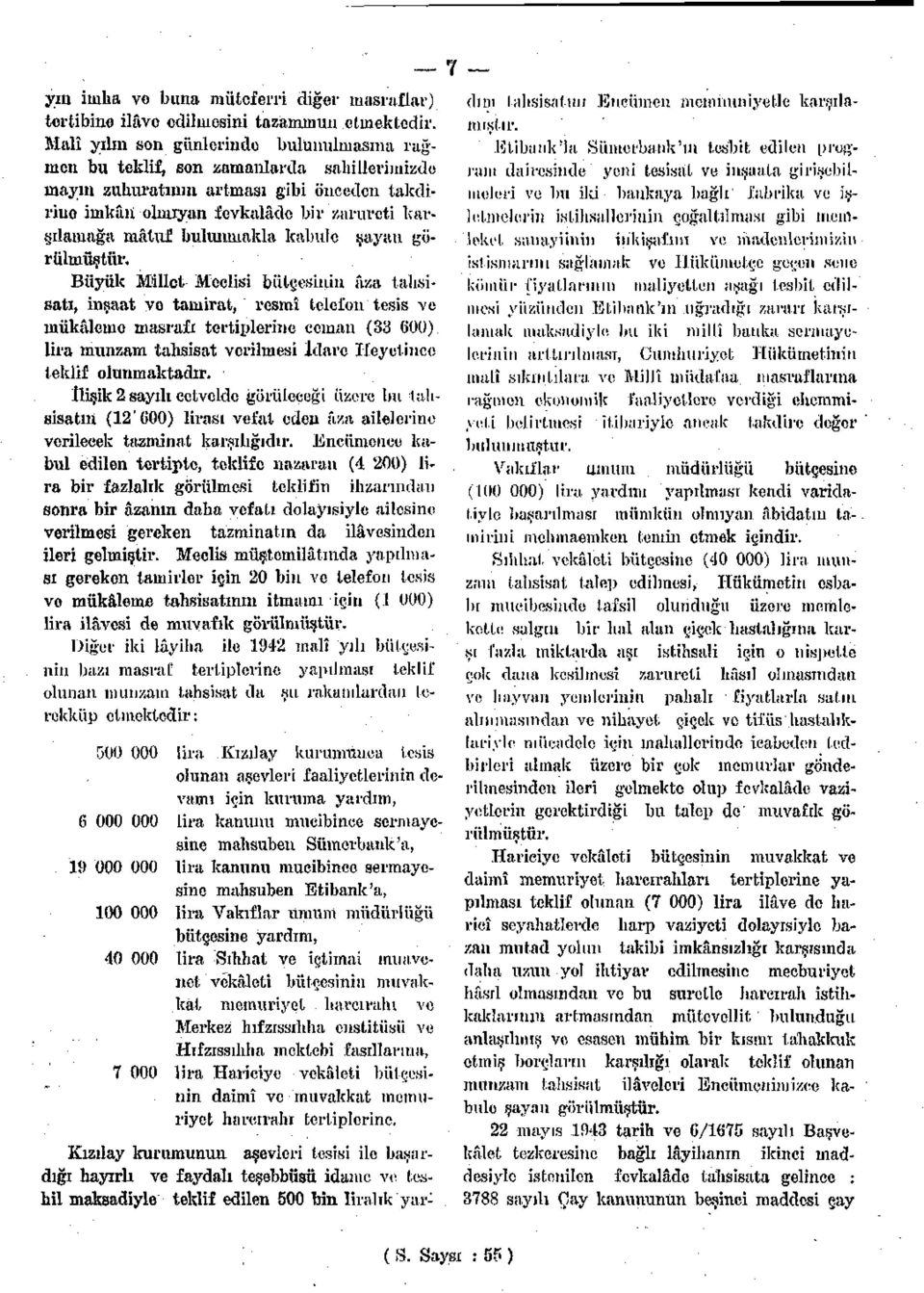 bulunmakla kabule şayan görülmüştür, Büyük Millet Meclisi bütçesinin âza tahsisatı, inşaat vo tamirat, resmî telefon tesis ve mükâlemo masrafı tertiplerine ceman (33 600) lira munzam tahsisat