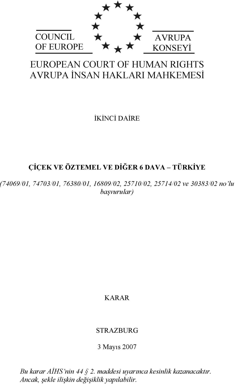 76380/01, 16809/02, 25710/02, 25714/02 ve 30383/02 no lu başvurular) KARAR STRAZBURG 3 Mayıs