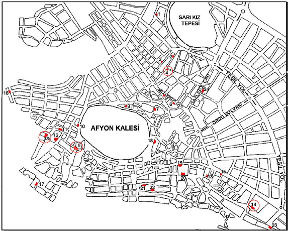 Şekil 1. Afyonkarahisar da bulunan tarihi çeşmeler ve incelenen çeşmelerin lokasyon haritası (Çizelge 1 deki numaralara göre) (Öztürk, 2000).