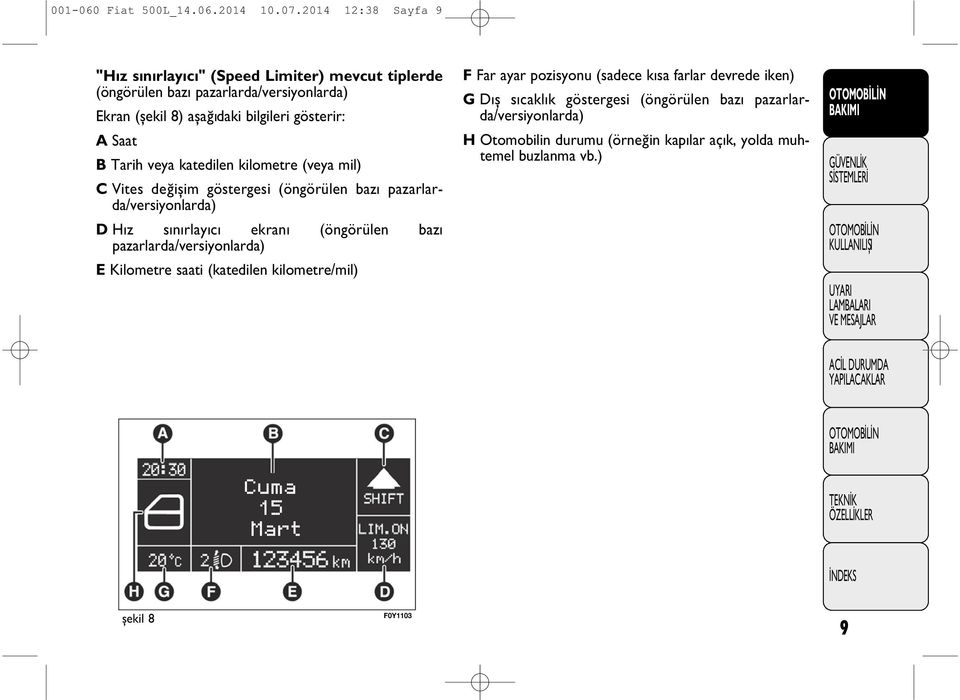 Saat B Tarih veya katedilen kilometre (veya mil) C Vites değişim göstergesi (öngörülen baz pazarlarda/versiyonlarda) D H z s n rlay c ekran (öngörülen baz