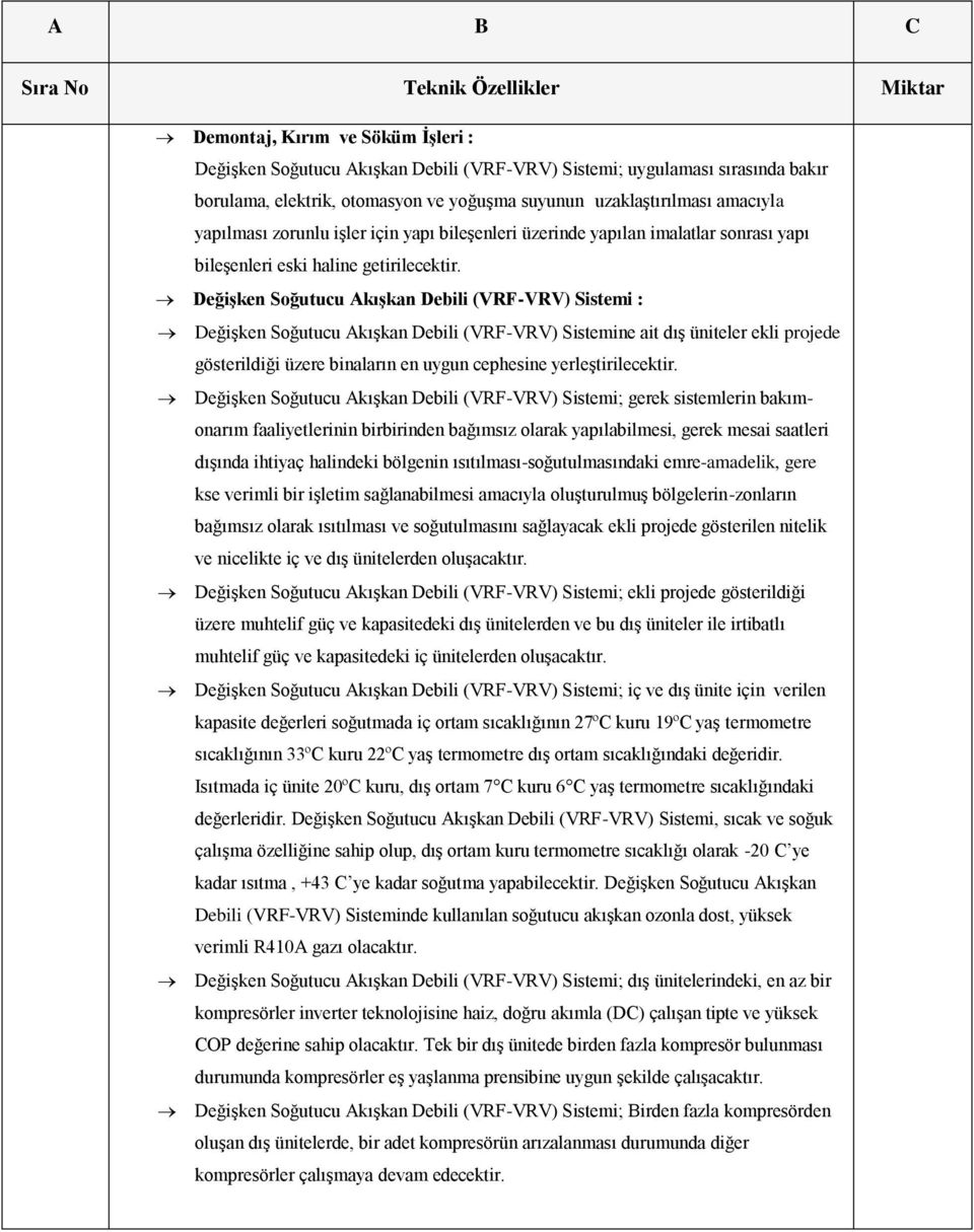 Değişken Soğutucu Akışkan Debili (VRF-VRV) Sistemi : Değişken Soğutucu Akışkan Debili (VRF-VRV) Sistemine ait dış üniteler ekli projede gösterildiği üzere binaların en uygun cephesine