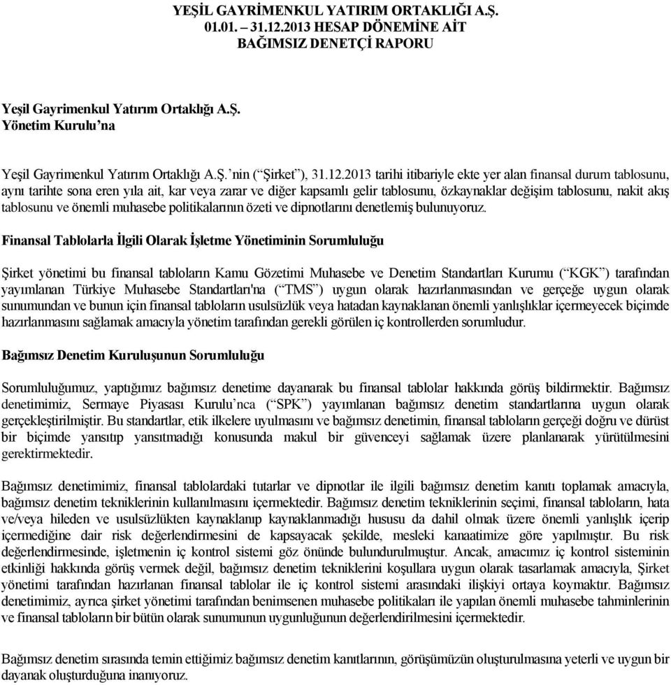 2013 tarihi itibariyle ekte yer alan finansal durum tablosunu, aynı tarihte sona eren yıla ait, kar veya zarar ve diğer kapsamlı gelir tablosunu, özkaynaklar değişim tablosunu, nakit akış tablosunu