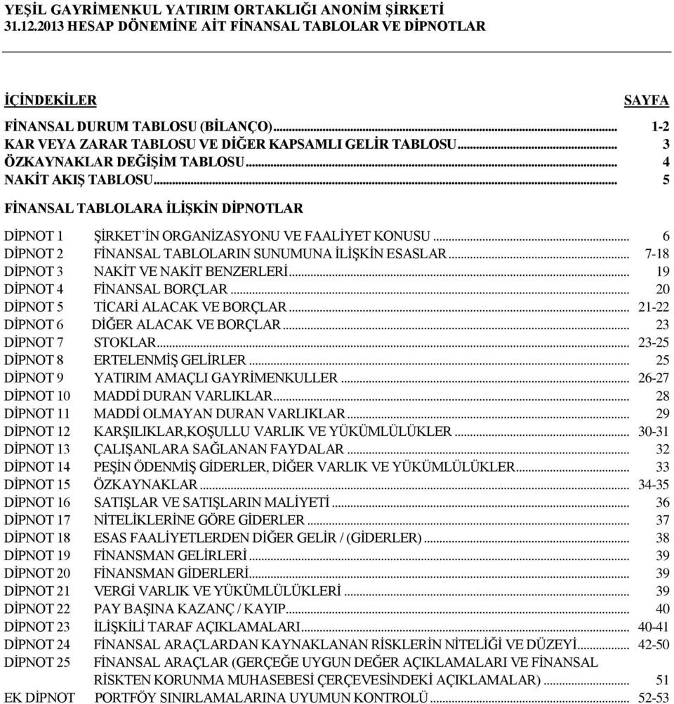 .. 7-18 DİPNOT 3 NAKİT VE NAKİT BENZERLERİ... 19 DİPNOT 4 FİNANSAL BORÇLAR... 20 DİPNOT 5 TİCARİ ALACAK VE BORÇLAR... 21-22 DİPNOT 6 DİĞER ALACAK VE BORÇLAR... 23 DİPNOT 7 STOKLAR.