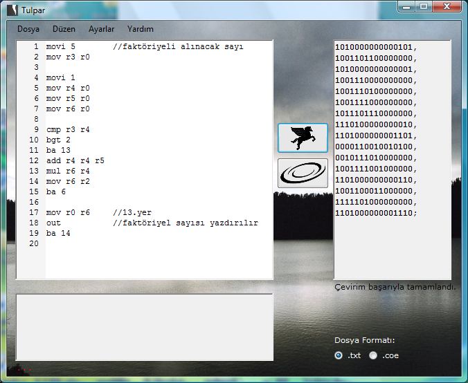 3. TULPAR KASIRGA ÇEVİRİCİSİ TULPAR Kasırga buyruklarını makine koduna yani bitlere çeviren bir programdır. Visual C# dili ile yazılmıştır.
