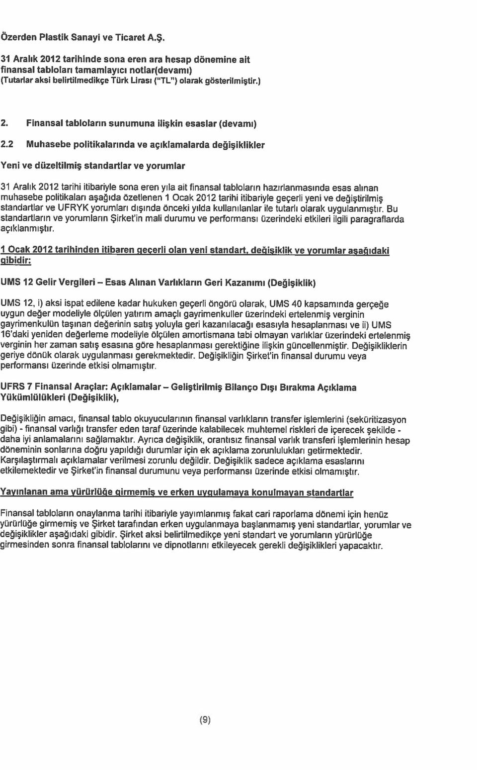 alınan muhasebe politikaları aşağıda özetlenen 1 Ocak 2012 tarihi itibariyle geçerli yeni ve değiştirilmiş standartlar ve UFRYK yorumları dışında önceki yılda kullanılanlar ile tutarlı olarak