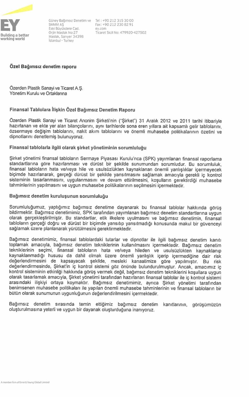 Yönetim Kumlu ve Ortaklarına Finansal Tablolara ilişkin Özel Bağımsız Denetim Raporu Ozerden Plastik Sanayi ve Ticaret Anonim Şirketi nin (Şirket ) 31 Aralık 2012 ve 2011 tarihi itibariyle hazırlanan