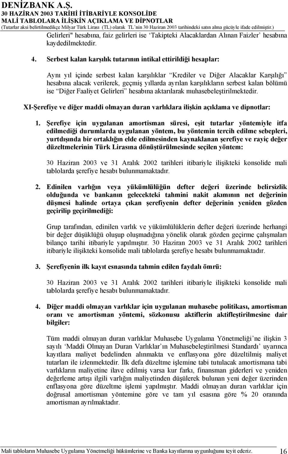 karşılıkların serbest kalan bölümü ise Diğer Faaliyet Gelirleri hesabına aktarılarak muhasebeleştirilmektedir. XI-Şerefiye ve diğer maddi olmayan duran varlıklara ilişkin açıklama ve dipnotlar: 1.