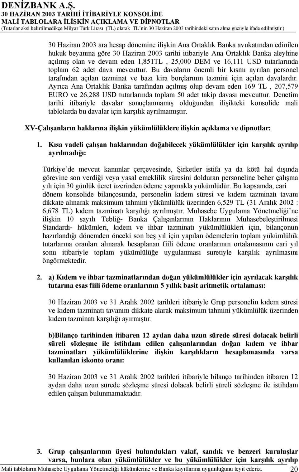 Bu davaların önemli bir kısmı ayrılan personel tarafından açılan tazminat ve bazı kira borçlarının tazmini için açılan davalardır.