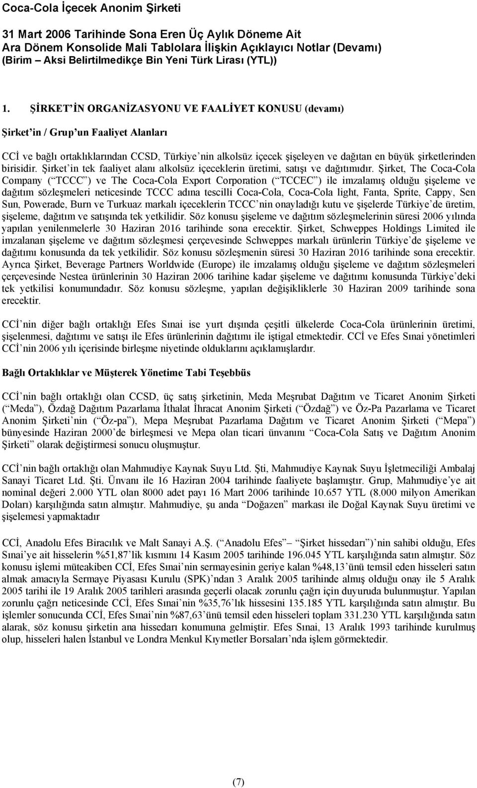 Şirket, The Coca-Cola Company ( TCCC ) ve The Coca-Cola Export Corporation ( TCCEC ) ile imzalamış olduğu şişeleme ve dağıtım sözleşmeleri neticesinde TCCC adına tescilli Coca-Cola, Coca-Cola light,