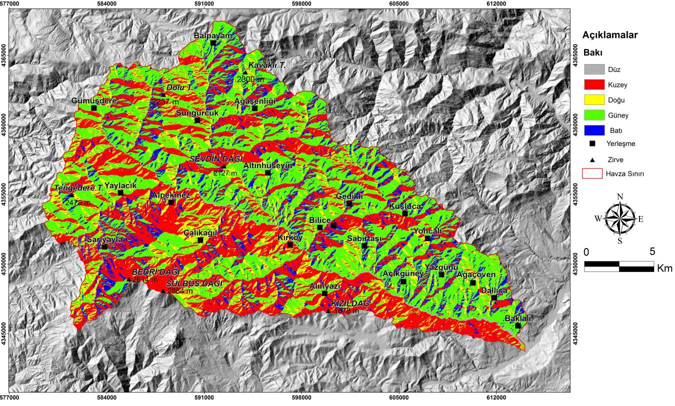 Şekil 6: Manav Deresi Havzası nın (Bingöl) bakı haritası Yoğun yağış alan yamaçlardaki malzeme, topoğrafik yamaç eğimi ile zeminin türü, geçirimliliği, gözenekliliği, nem ve organik madde içeriği,