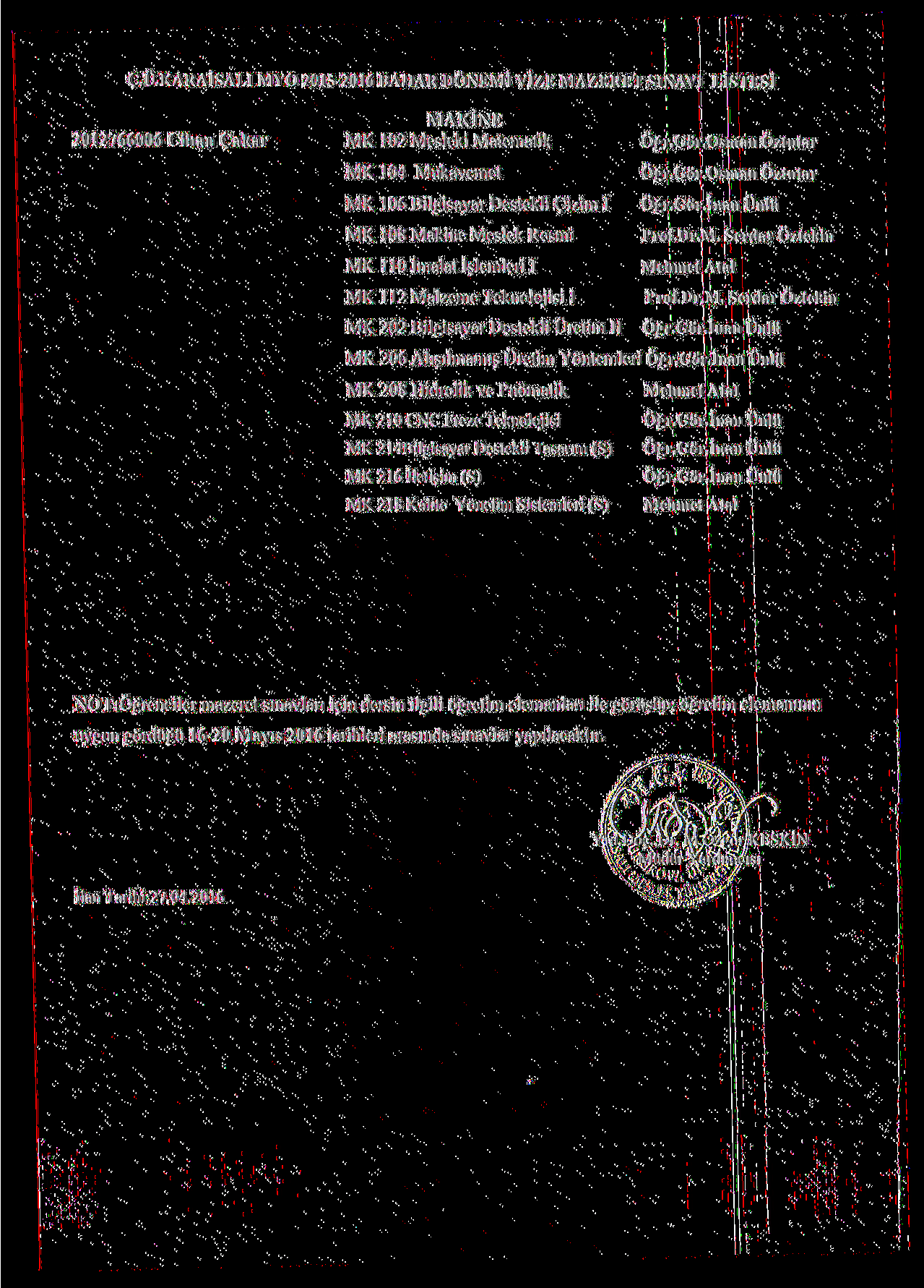 2012766006 Cihan Çakar MAKİNE MK 102 Mesleki Matematik MK 104 Mukavemet MK 106 Bilgisayar Destekli Çizim I MK 108 Makine Meslek Resmi MK 110 İmalat İşlemleri I MK 112 Malzeme Teknolojisi I MK 202