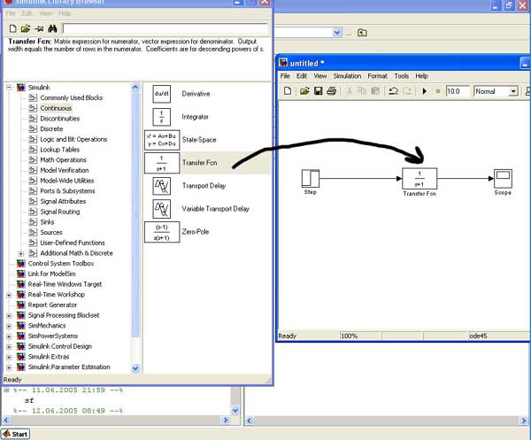 Şimdi de continous kategorisinden Transfer fcn bloğunu,sinks bölümünden de scope bloğunu Simulink sayfamıza sürükleyip bırakalım.sıra geldi bağlantıları yapmaya.