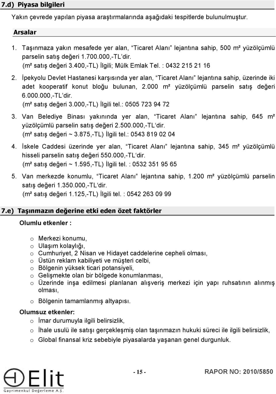 İpekyolu Devlet Hastanesi karşısında yer alan, Ticaret Alanı lejantına sahip, üzerinde iki adet kooperatif konut bloğu bulunan, 2.000 m² yüzölçümlü parselin satış değeri 6.000.000,-TL dir.