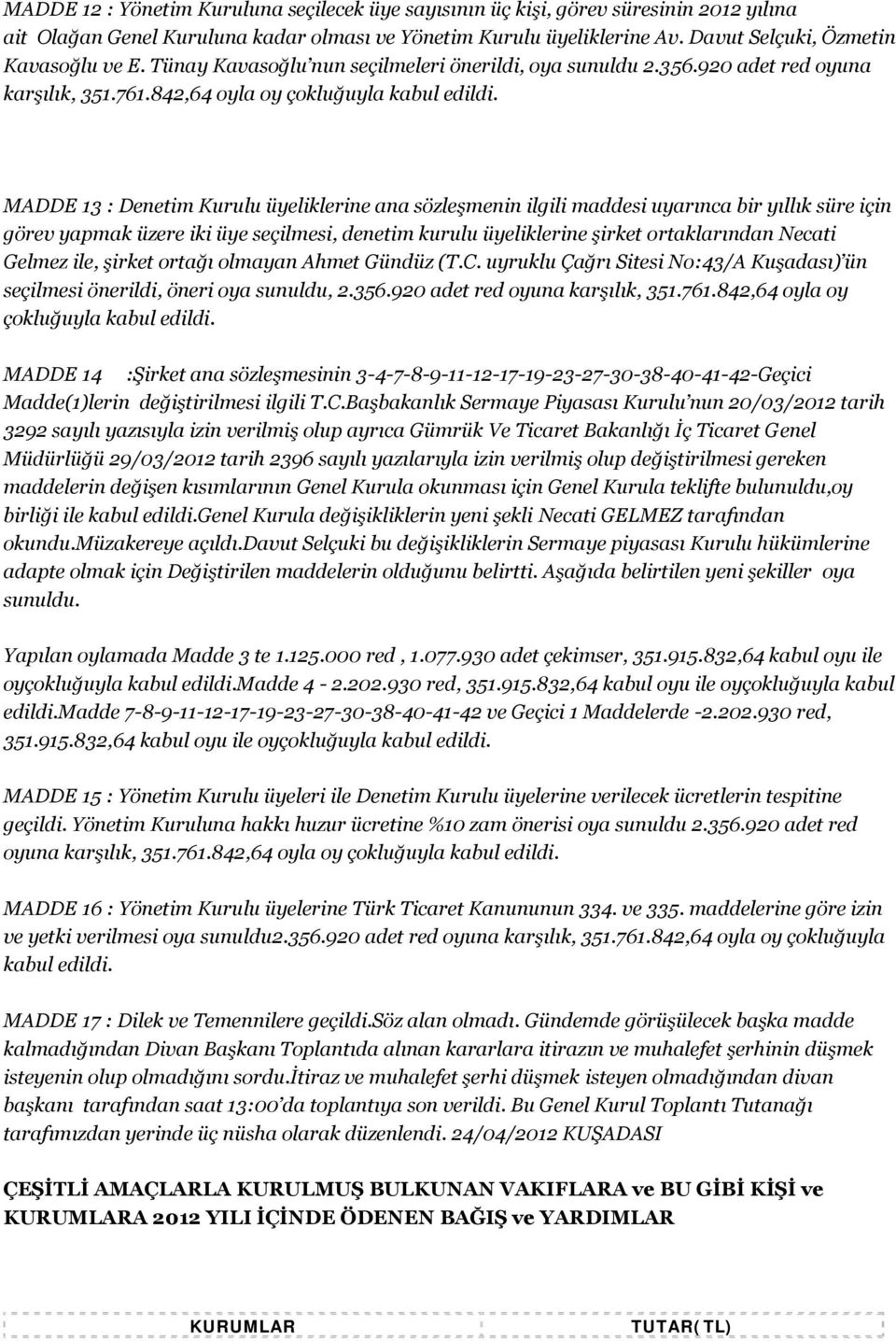 MADDE 13 : Denetim Kurulu üyeliklerine ana sözleşmenin ilgili maddesi uyarınca bir yıllık süre için görev yapmak üzere iki üye seçilmesi, denetim kurulu üyeliklerine şirket ortaklarından Necati