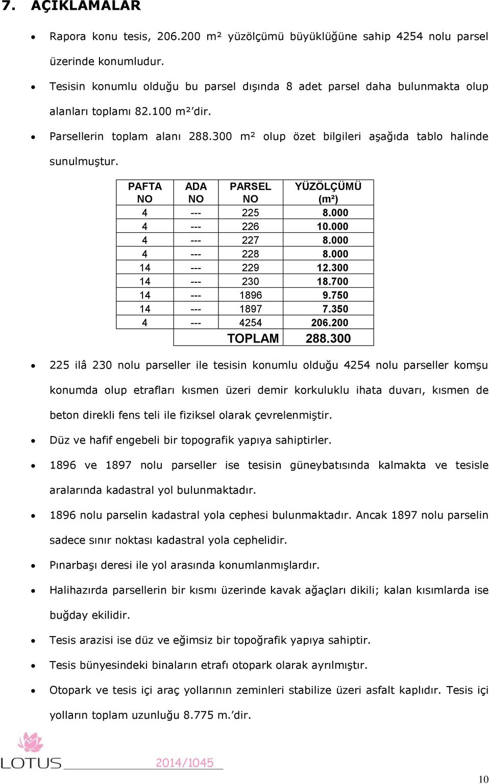 PAFTA NO ADA NO PARSEL NO YÜZÖLÇÜMÜ (m²) 4 --- 225 8.000 4 --- 226 10.000 4 --- 227 8.000 4 --- 228 8.000 14 --- 229 12.300 14 --- 230 18.700 14 --- 1896 9.750 14 --- 1897 7.350 4 --- 4254 206.