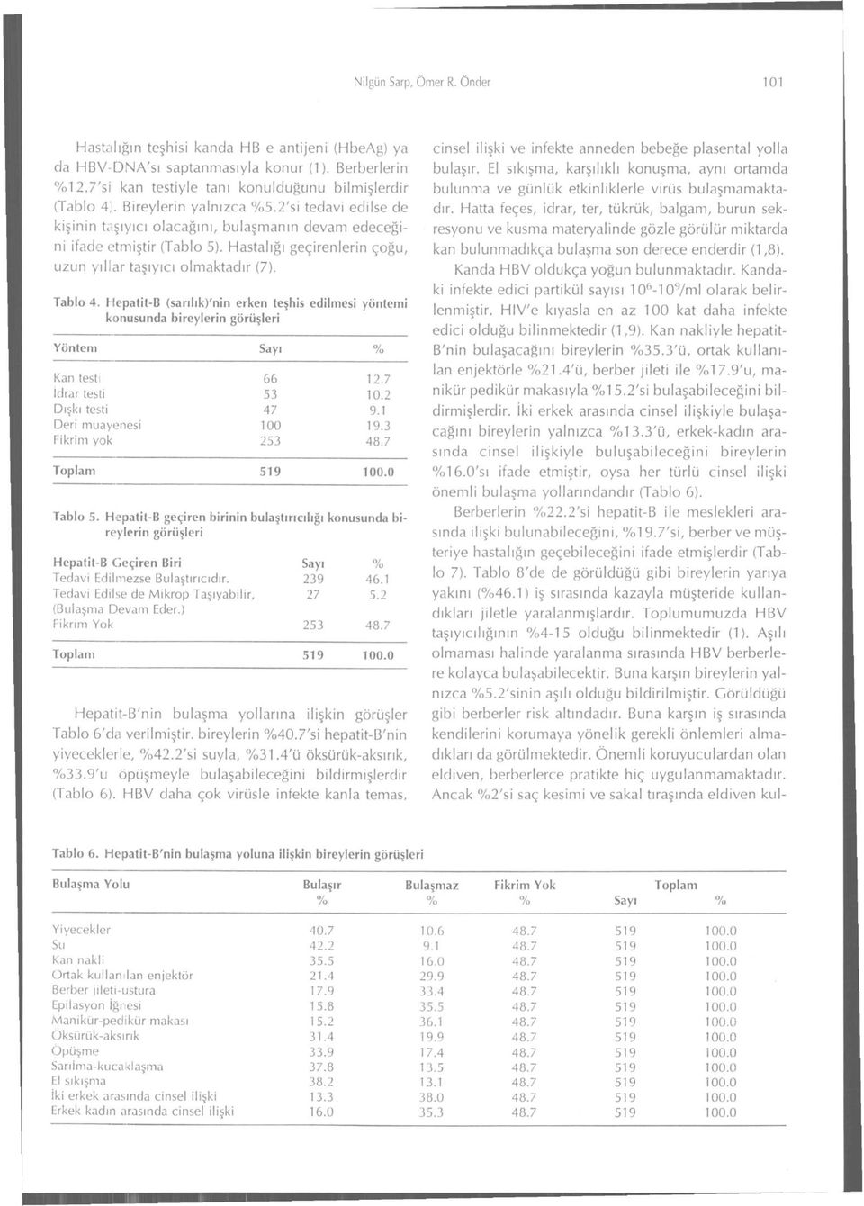 Tablo 4. Hepatit-B (sarılık)'nin erken teşhis edilmesi yöntemi konusunda bireylerin görüşleri Yöntem Sayı % Kan testi 66 12.7 İdrar testi 53 10.2 Dışkı testi 47 9.1 Deri muayenesi 100 19.3 Tablo 5.