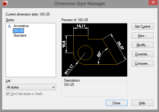 AutoCAD de Ölçülendirme Stili Oluşturulması DIMENSION STYLE MANAGER (DDIM) mevcut ölçü stilleri seçili ölçü stilini geçerli stil haline getirir yeni bir