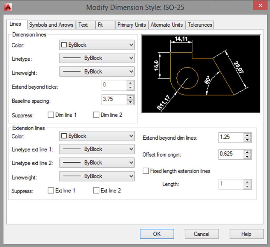 AutoCAD de Ölçülendirme Stili Oluşturulması Line ölçü çizgisi ayarlarının yapıldığı arayüz Symbols And Arrows ölçü çizgisi merkez şekilleri buradan