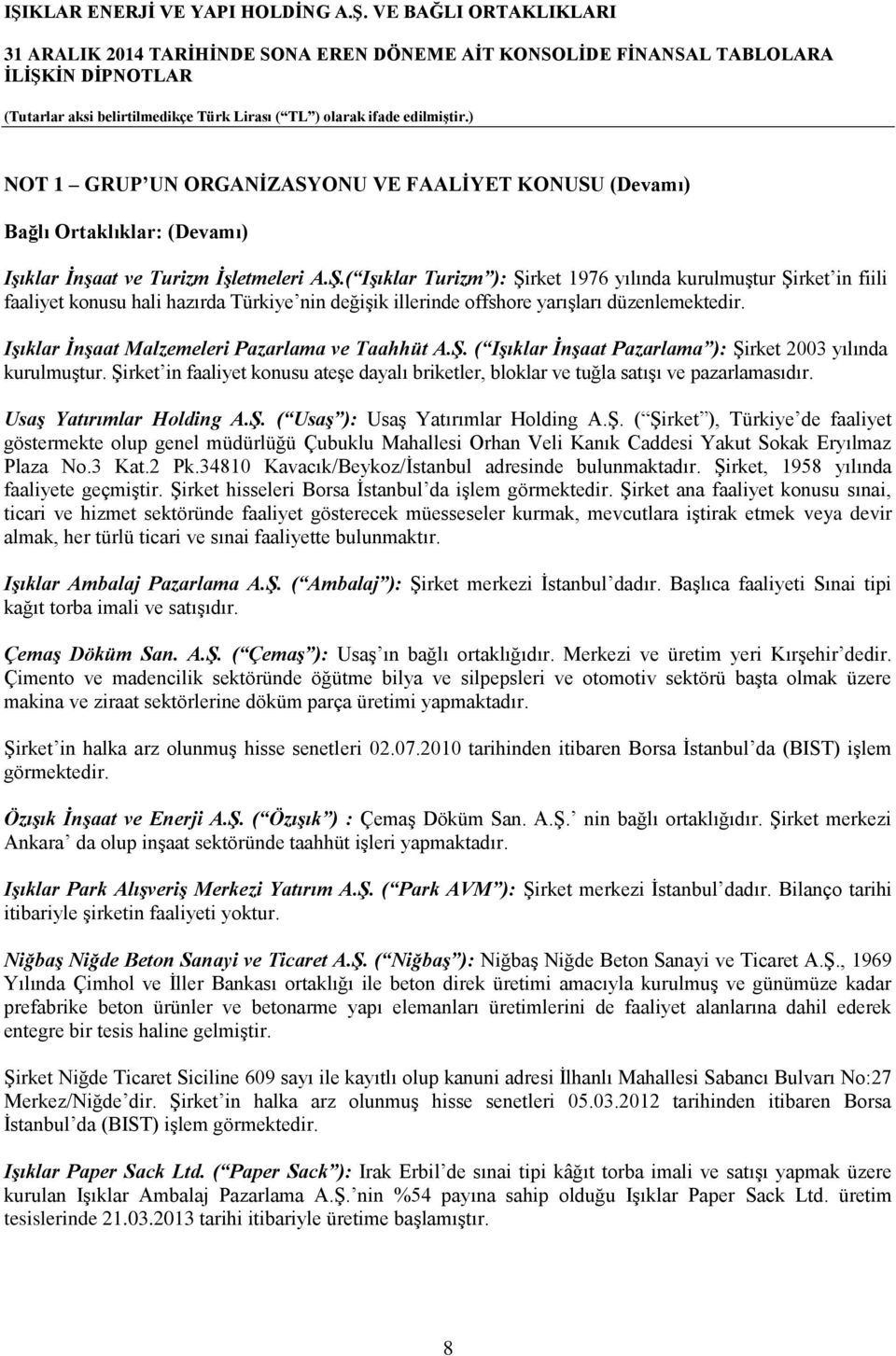 Işıklar İnşaat Malzemeleri Pazarlama ve Taahhüt A.Ş. ( Işıklar İnşaat Pazarlama ): Şirket 2003 yılında kurulmuştur.