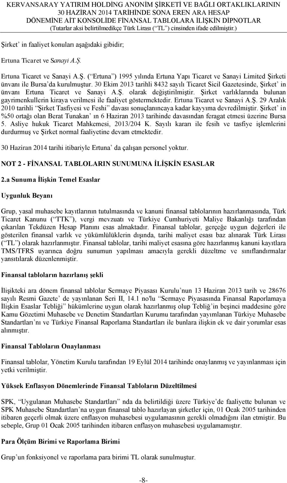 ġirket varlıklarında bulunan gayrimenkullerin kiraya verilmesi ile faaliyet göstermektedir. Ertuna Ticaret ve Sanayi A.ġ. 29 Aralık 2010 tarihli ġirket Tasfiyesi ve Feshi davası sonuçlanıncaya kadar kayyıma devredilmiģtir.