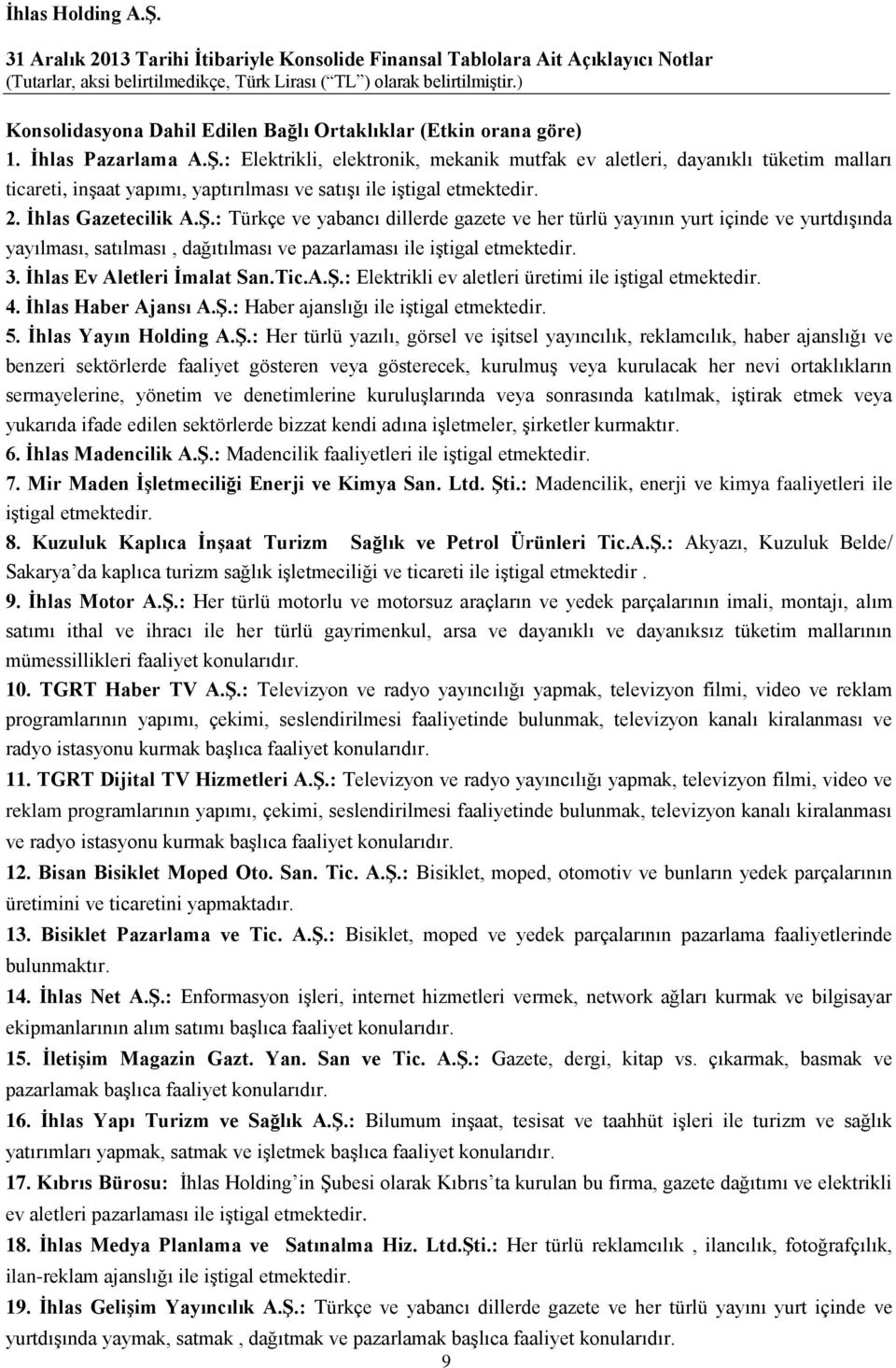 : Türkçe ve yabancı dillerde gazete ve her türlü yayının yurt içinde ve yurtdışında yayılması, satılması, dağıtılması ve pazarlaması ile iştigal etmektedir. 3. İhlas Ev Aletleri İmalat San.Tic.A.Ş.