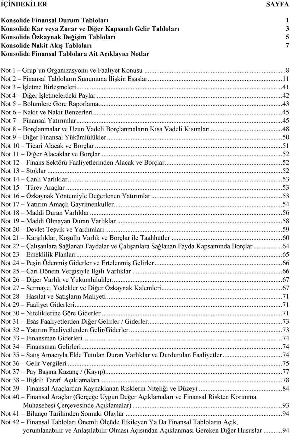 .. 41 Not 4 Diğer İşletmelerdeki Paylar... 42 Not 5 Bölümlere Göre Raporlama... 43 Not 6 Nakit ve Nakit Benzerleri... 45 Not 7 Finansal Yatırımlar.