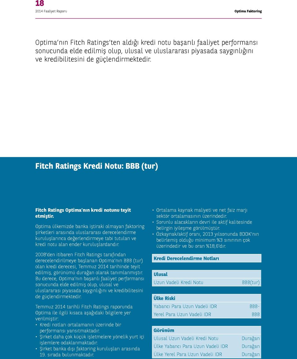 Optima ülkemizde banka iştiraki olmayan faktoring şirketleri arasında uluslararası derecelendirme kuruluşlarınca değerlendirmeye tabi tutulan ve kredi notu alan ender kuruluşlardandır.