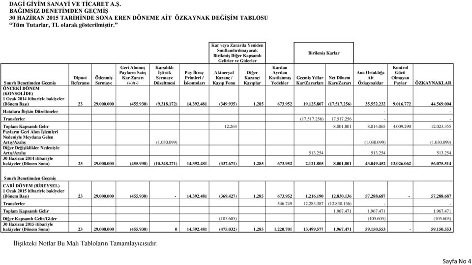 Birikmiş Diğer Kapsamlı Gelirler ve Giderler Aktueryal Kazanç / Kayıp Fonu Diğer Kazanç/ Kayıplar Kardan Ayrılan Kısıtlanmış Yedekler Birikmiş Karlar Geçmiş Yıllar Kar/Zararları Net Dönem Karı/Zararı