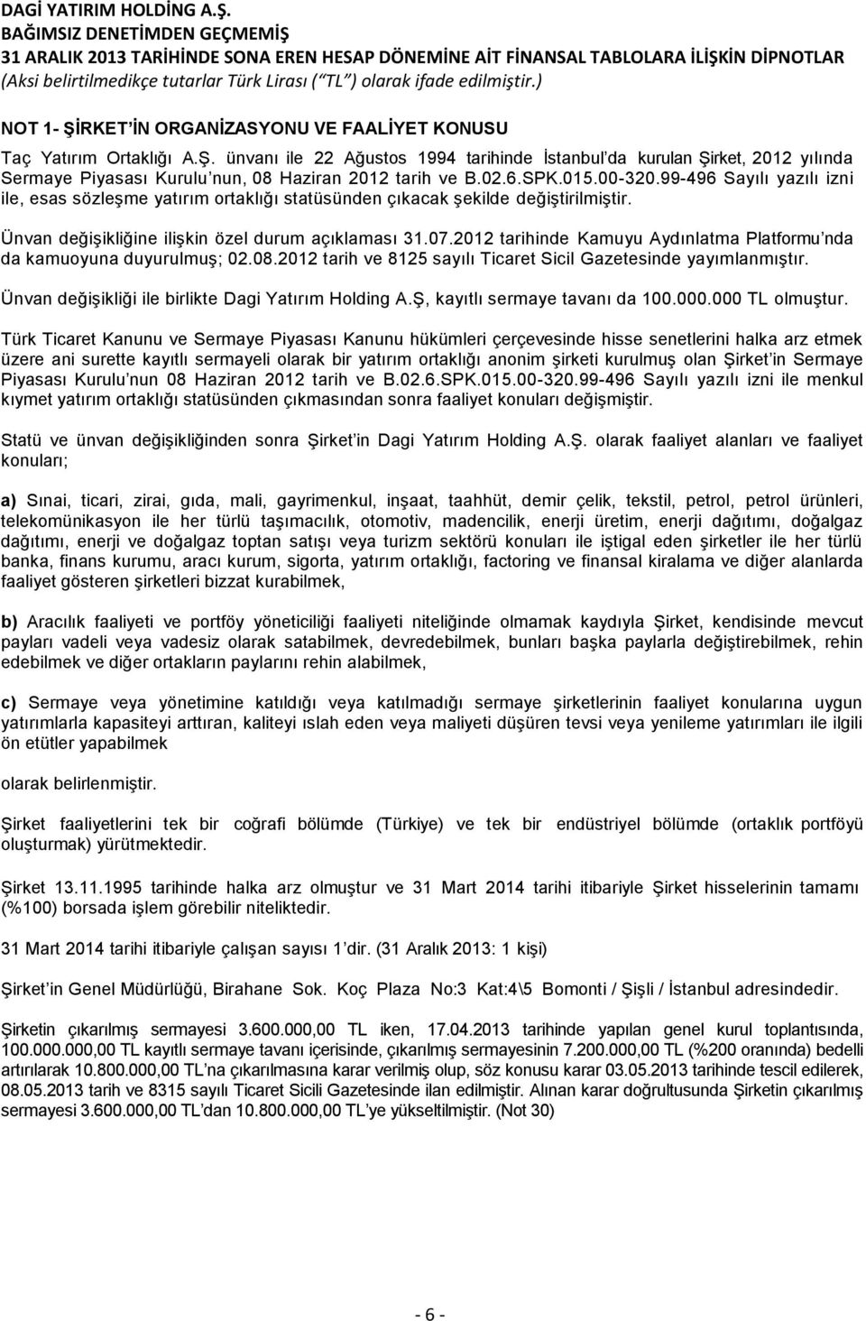 02.6.SPK.015.00-320.99-496 Sayılı yazılı izni ile, esas sözleşme yatırım ortaklığı statüsünden çıkacak şekilde değiştirilmiştir. Ünvan değişikliğine ilişkin özel durum açıklaması 31.07.