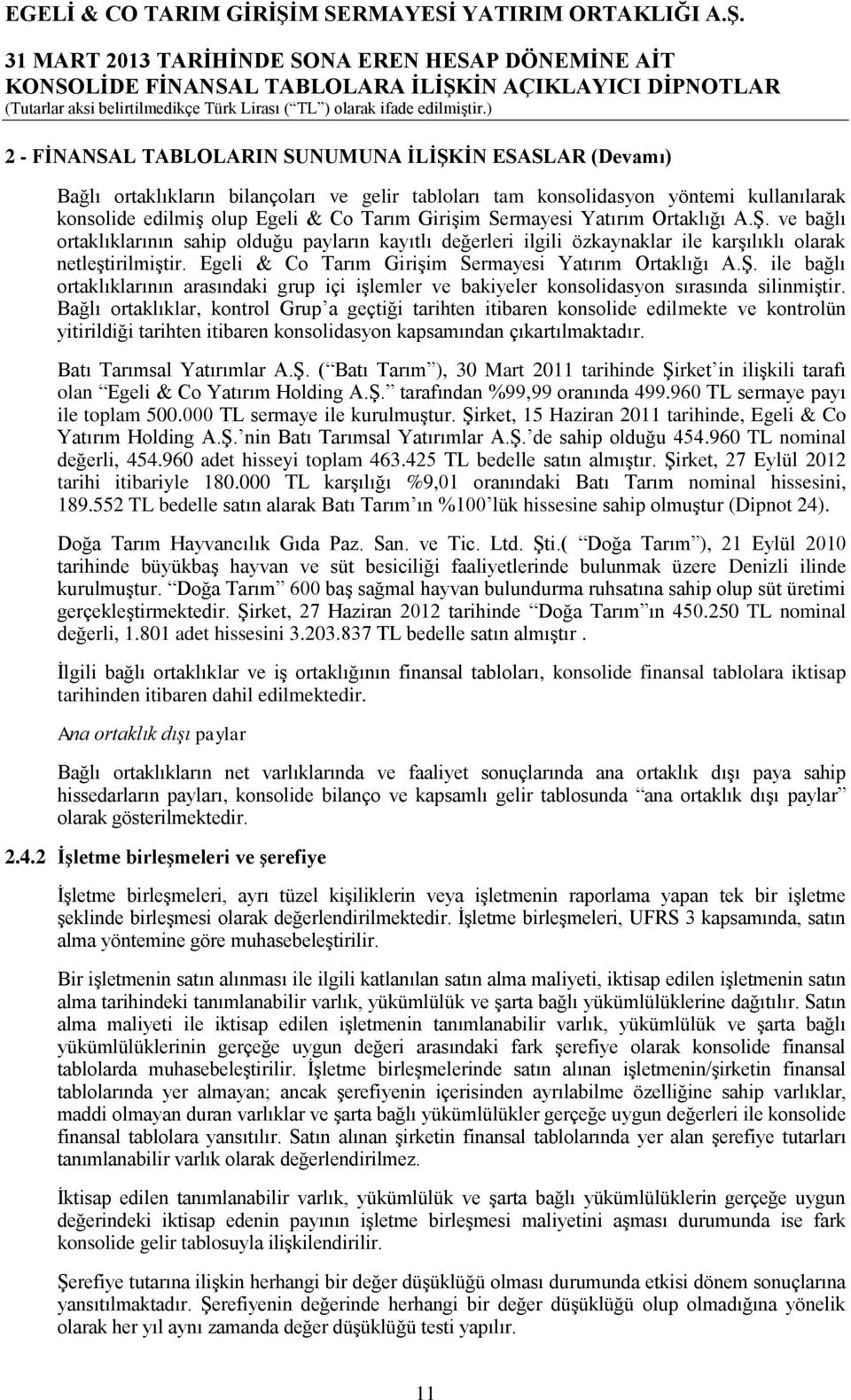 Egeli & Co Tarım Girişim Sermayesi Yatırım Ortaklığı A.Ş. ile bağlı ortaklıklarının arasındaki grup içi işlemler ve bakiyeler konsolidasyon sırasında silinmiştir.