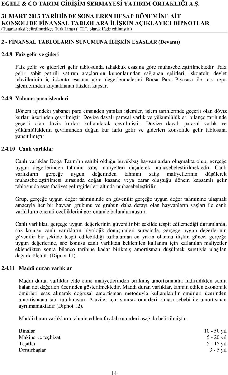 işlemlerinden kaynaklanan faizleri kapsar. 2.4.9 Yabancı para işlemleri Dönem içindeki yabancı para cinsinden yapılan işlemler, işlem tarihlerinde geçerli olan döviz kurları üzerinden çevrilmiştir.