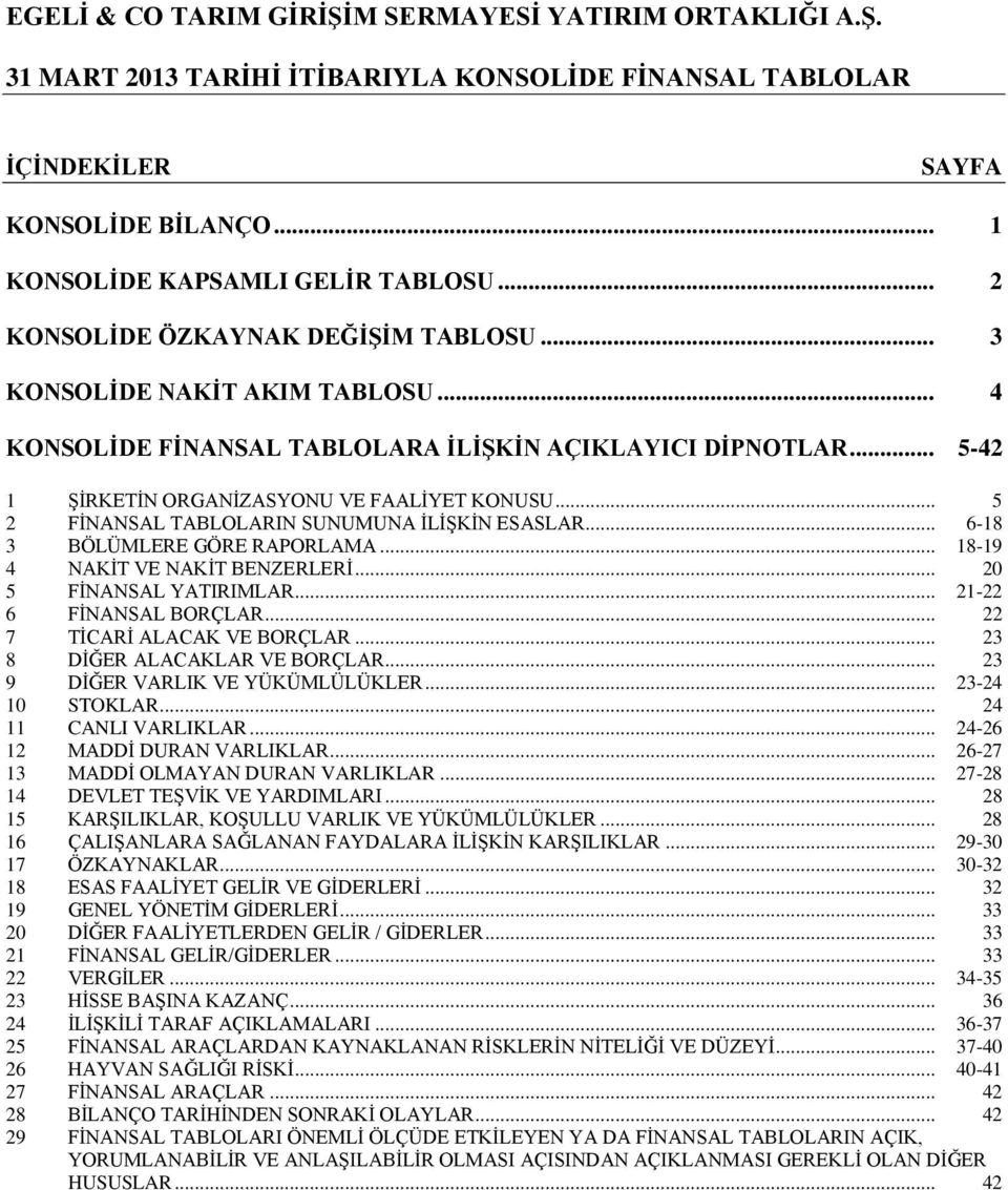 .. 18-19 4 NAKİT VE NAKİT BENZERLERİ... 20 5 FİNANSAL YATIRIMLAR... 21-22 6 FİNANSAL BORÇLAR... 22 7 TİCARİ ALACAK VE BORÇLAR... 23 8 DİĞER ALACAKLAR VE BORÇLAR... 23 9 DİĞER VARLIK VE YÜKÜMLÜLÜKLER.