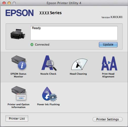 Ağ Hizmeti ve Yazılım Bilgileri Mac OS X v10.8.x veya üstünde Yazdırma Ayarları menüsü görüntülenmezse, Epson yazıcı sürücüsü düzgün bir şekilde yüklenmemiştir.