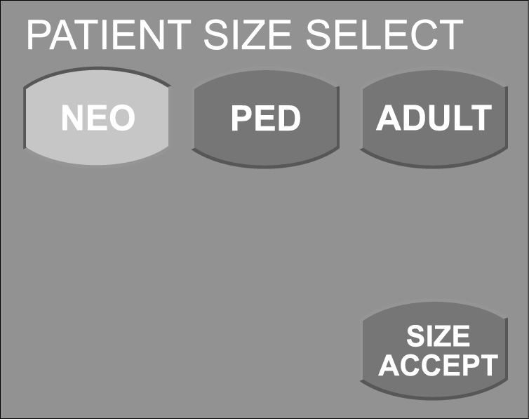 60 Ventilatörün Çalıştırılması Kullanım Kılavuzu Hasta Türü Seçim (Patient Size Select) Ekranı Yeni hasta ayar sırasındaki ilk adımda Hasta Türü Seçim ekranı görüntülenir.