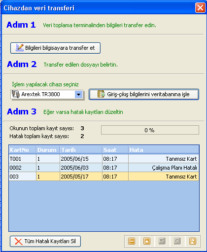 Cihazdan veri transferi ekranında Adım1, Adım2 ve Adım3 ü sırasıyla yaptığımızda giriş çıkışları programımıza doğru bir şekilde işlemiş oluruz.