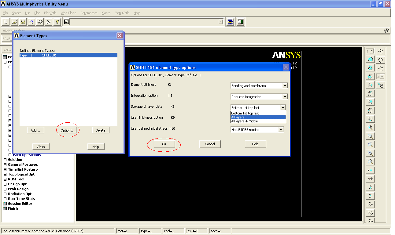 6.3 Eleman Tipi Seçimi Main Menu > Preprocessor >Element Type>Add/Edit/Delete seçin. Element Type penceresinden Add.. e tıklayın. Library of Element Types penceresinden Shell ve 4node 181 i seçin.