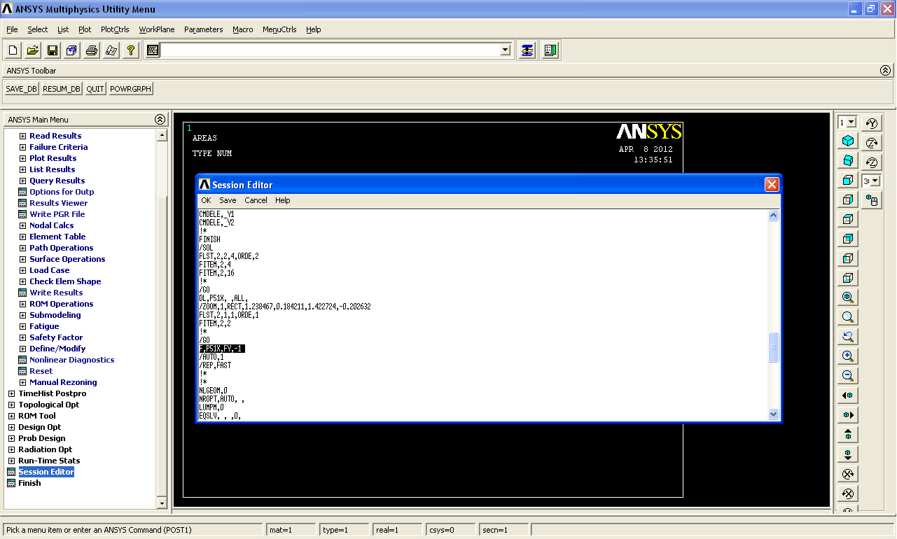 7. ÇATLAKLI MALZEMEDE (-FY) YÖNÜNDE YANAL BURKULMA ANALİZİ (50 mm) ÇATLAK İÇERMESİ DURUMUNDA 7.1 Session Editor Kullanamı Ansys Main Menu>Session Editor tıklanır.