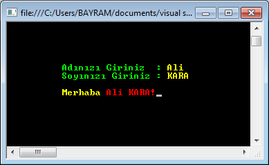 // Cursor renkleri & İmleç konumlandırma string ad, soyad; Console.CursorTop = 10; // yazıya başlama 10 satır sonra Console.CursorLeft = 10; // yazıya başlama 10 karakter sonra Console.